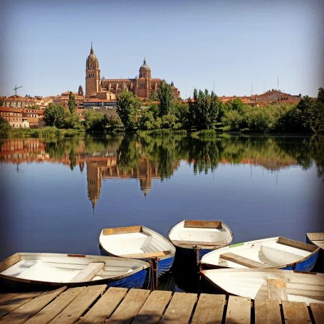 Vista catedral de Salamanca desde la orilla del rio Vista del río Tomes con la Catedral de Salamanca al fondo.